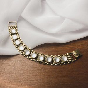 Round White Glow Stone Brass Tone Chainmail Chain Wide Steampunk Bracelet